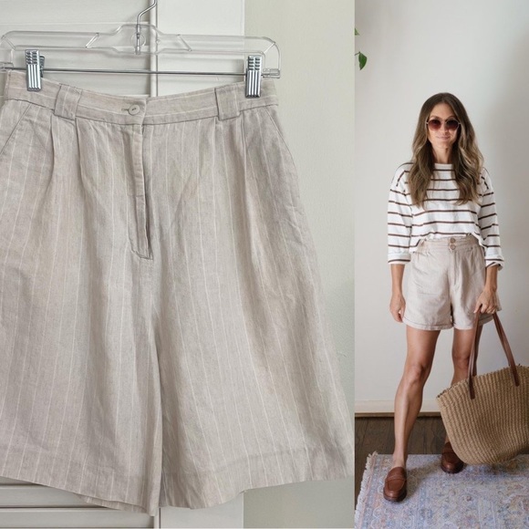 Vintage 90s Cotton-Linen Striped Highwaisted Shorts - Picture 3 of 13